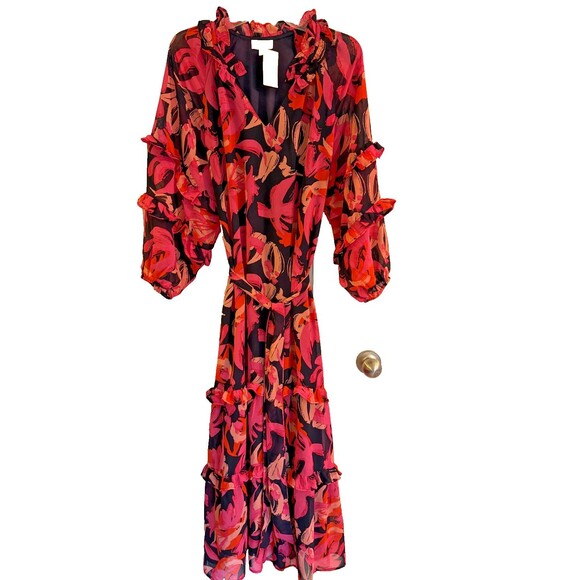 NWT Mudpie Portia Pink Dress Sz S Floral Ruffles Maxi Romantic Boho Party Event - Picture 4 of 16